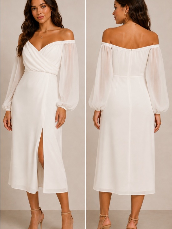 Windsor Dresses & Skirts - Windsor Off-Shoulder White Midi Dress with Sheer Bishop Sleeves